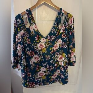 Torrid Teal Floral V-Neck Cold Shoulder Blouse